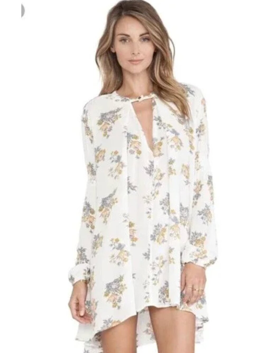 Free People Tree Swing Crepe Orchid Printed Choker Neck Tunic Gardenia XS